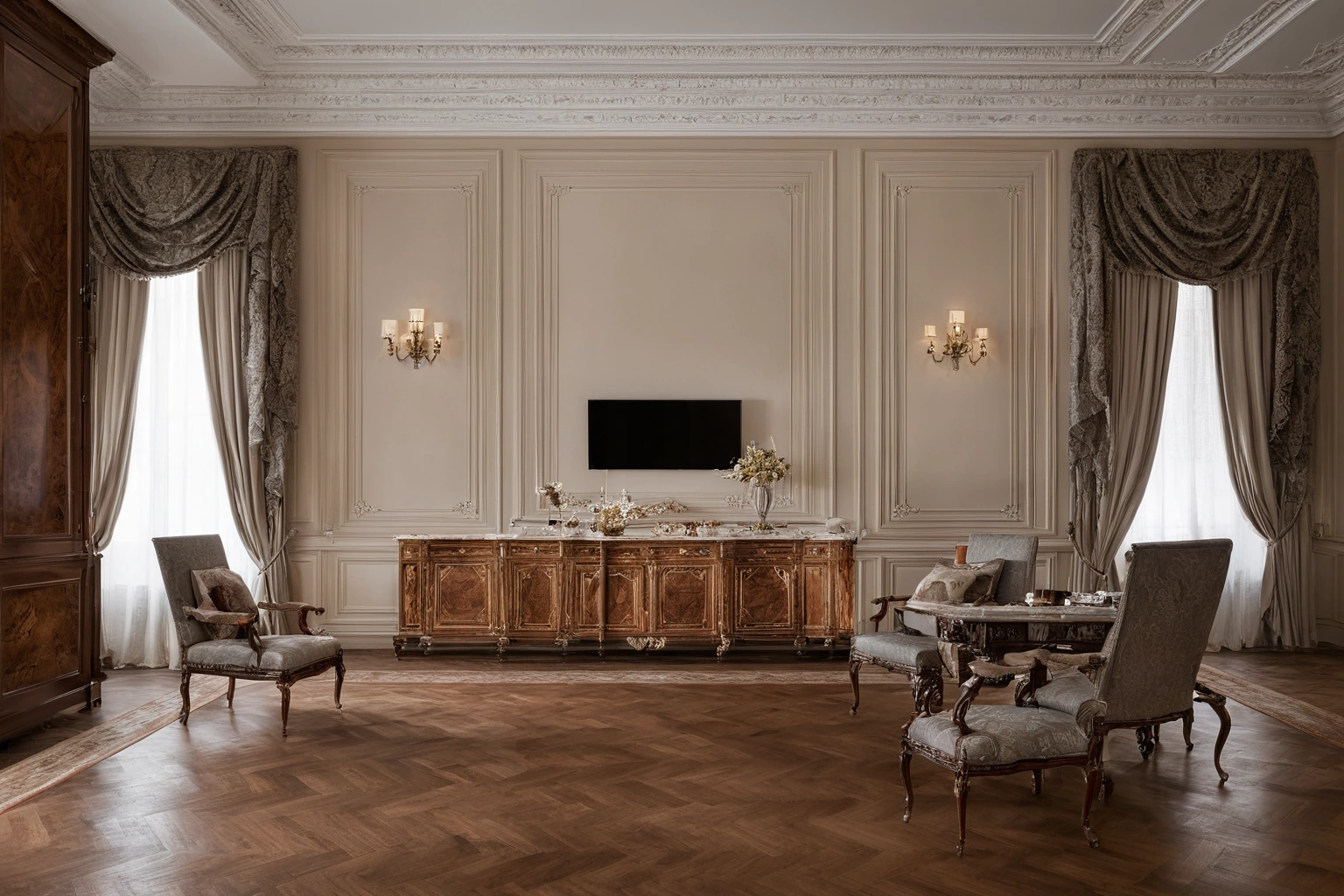 Classic Italian drawing room with carved walnut furniture, marquetry surfaces and marble