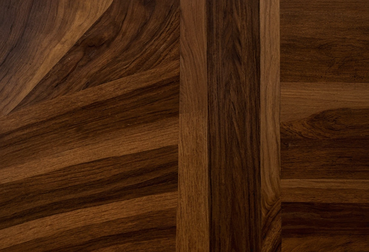 Macro detail of walnut marquetry and inlay on a polished furniture surface