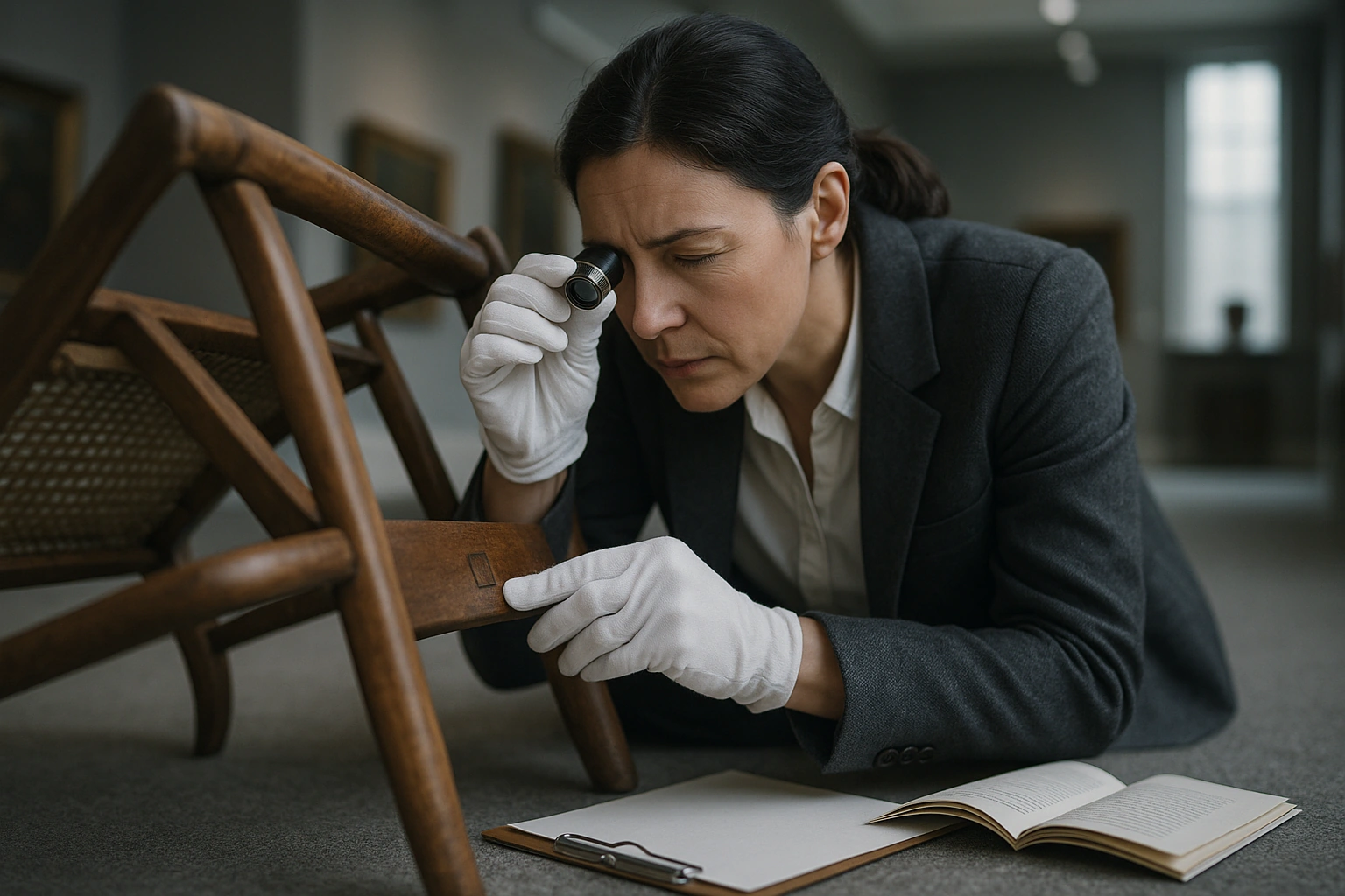 A specialist examining the underside of a wooden chair frame with a loupe to read a maker's mark