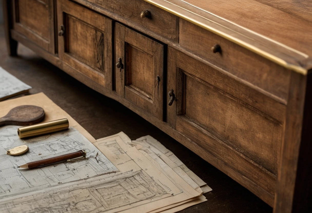 Workshop archive detail with technical furniture drawings, material samples and a brass maker's plate