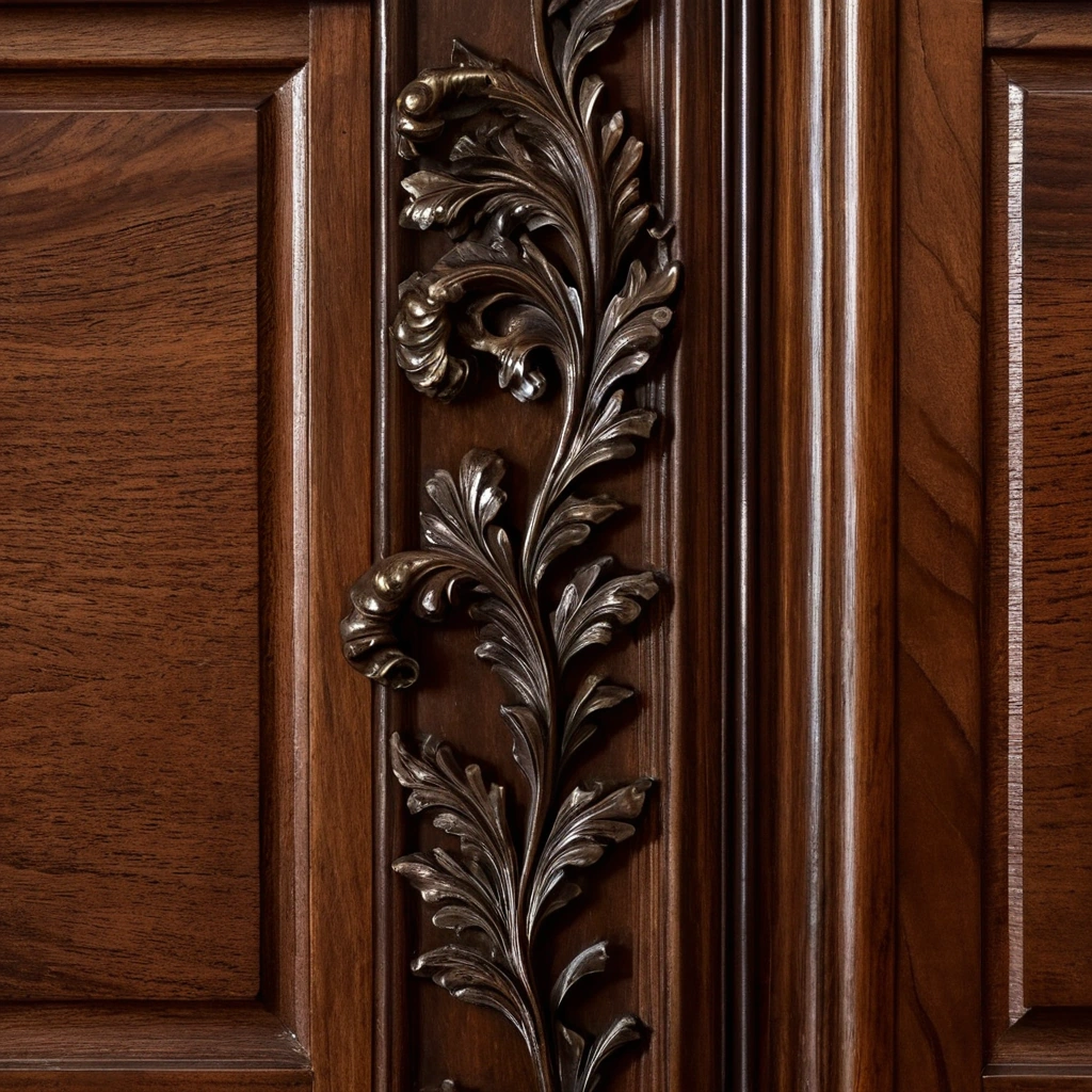 Hand-carved walnut cabinet door with deep relief scrollwork and an aged brass escutcheon