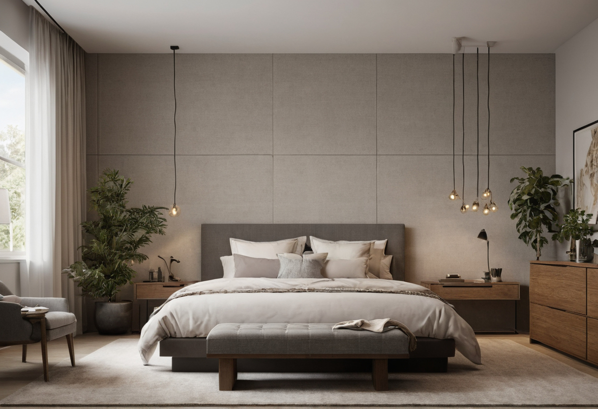 How do bed size and room shape change the amount of furniture in a bedroom shown in a luxury residential interior